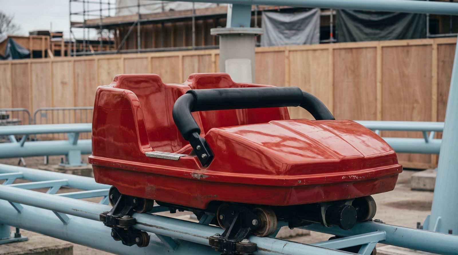 Close-up of a compact family launch coaster's friction-wheel drive mechanism gripping a small steel car's fin, low to the ground beside a short section of tubular track