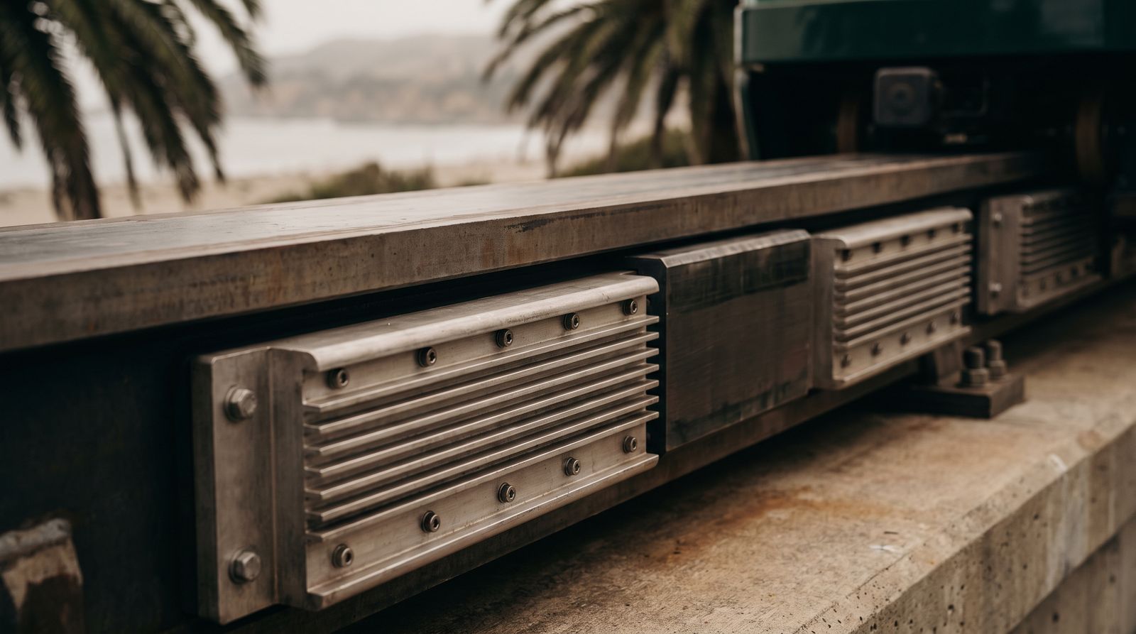 Close-up of finned metal motor stator blocks mounted along flat steel track beneath a coaster train, with palm trees and a hazy coastline behind