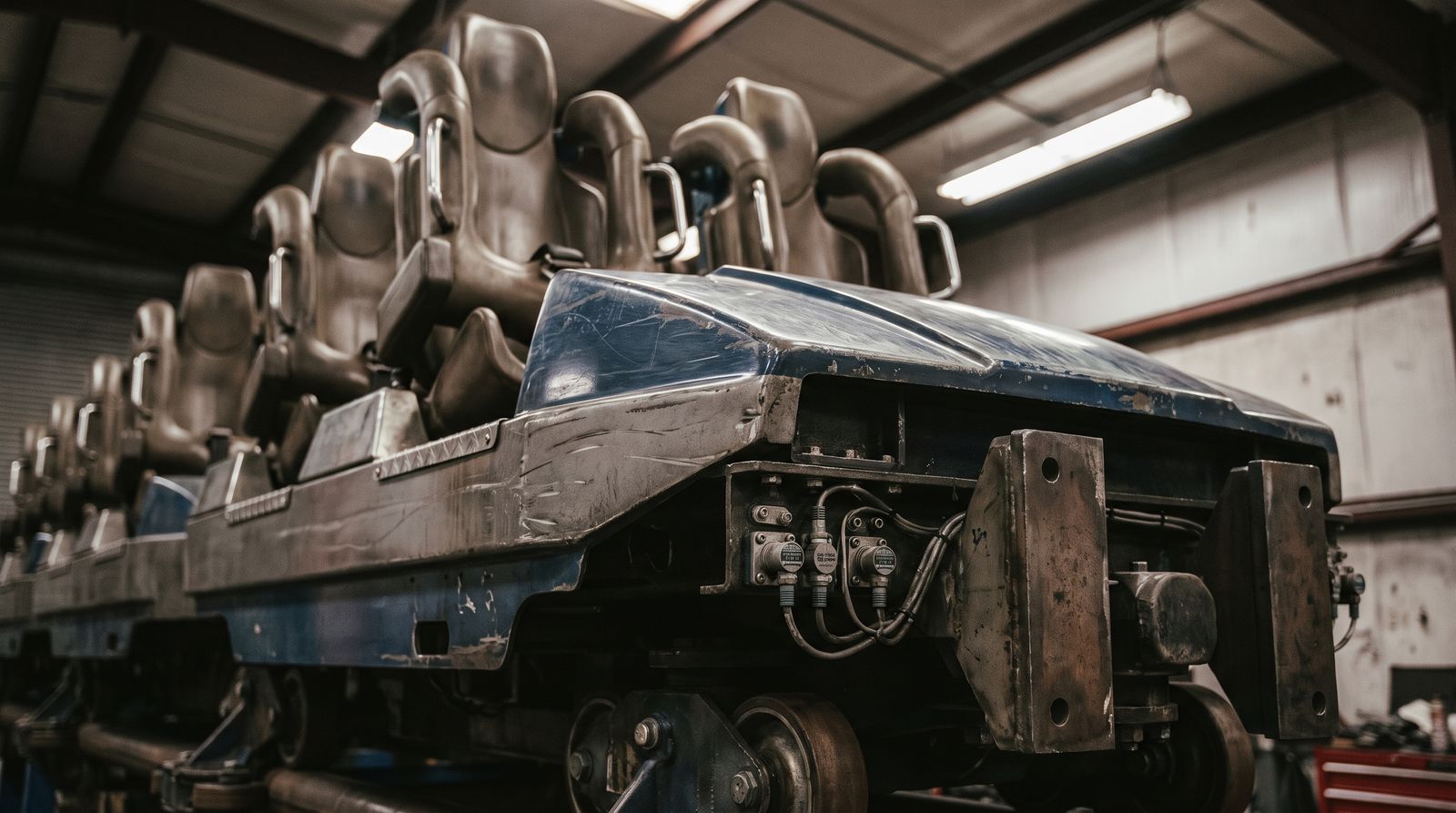 Close-up of the front of a dark blue sit-down coaster train in a workshop, with sensor cables and a heavy steel mounting bracket under the lead car