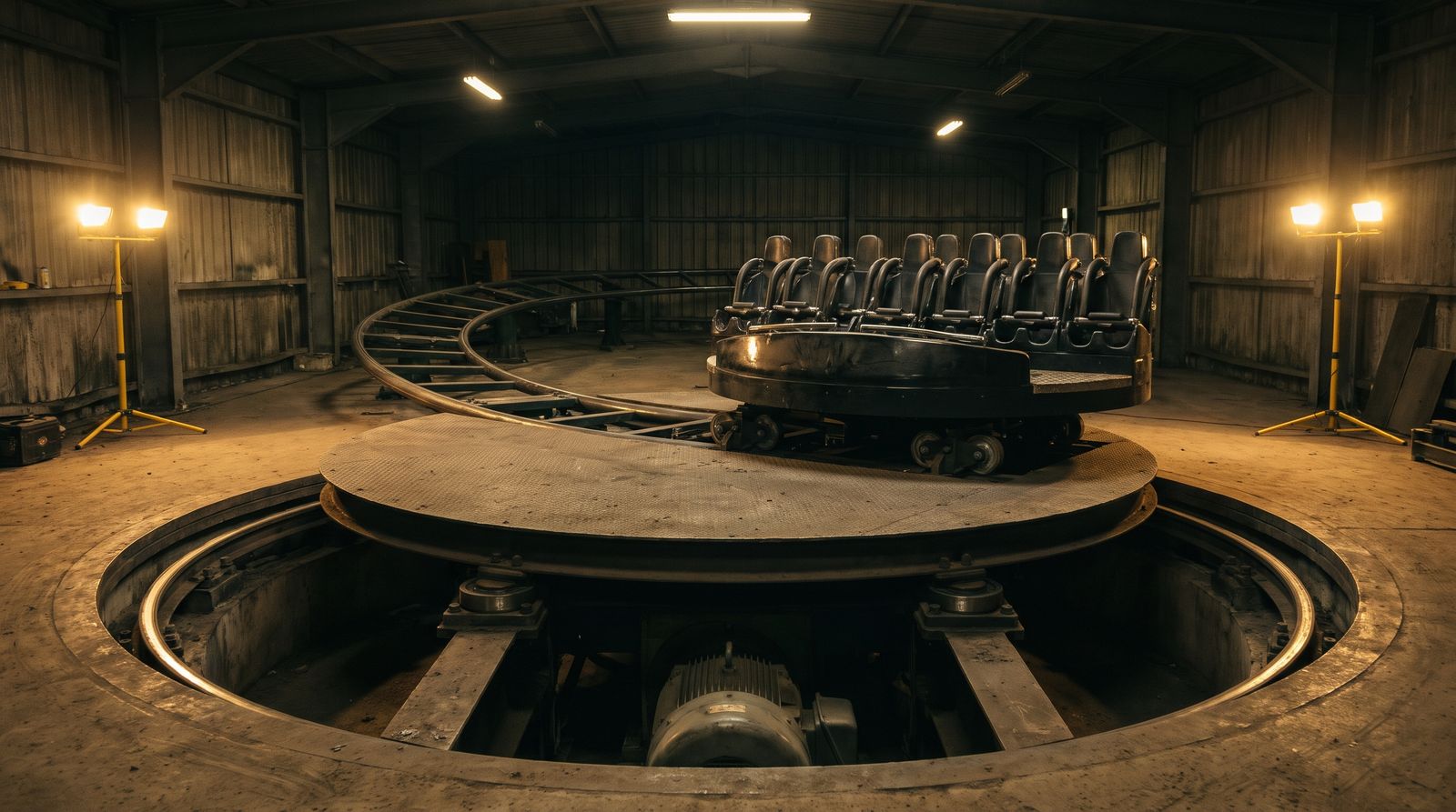 A circular steel turntable track section set into the floor of a dark ride hall, with an empty twelve-seat coaster car resting on it