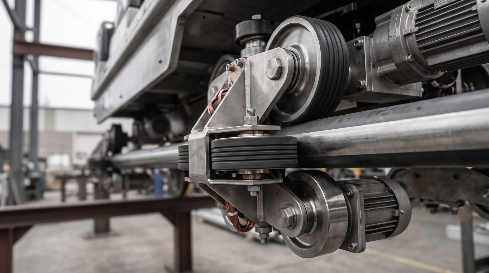 Close-up of a coaster launch section: rows of spinning rubber friction drive-tyres and electric motors pressed against the underside fin of a single-rail train