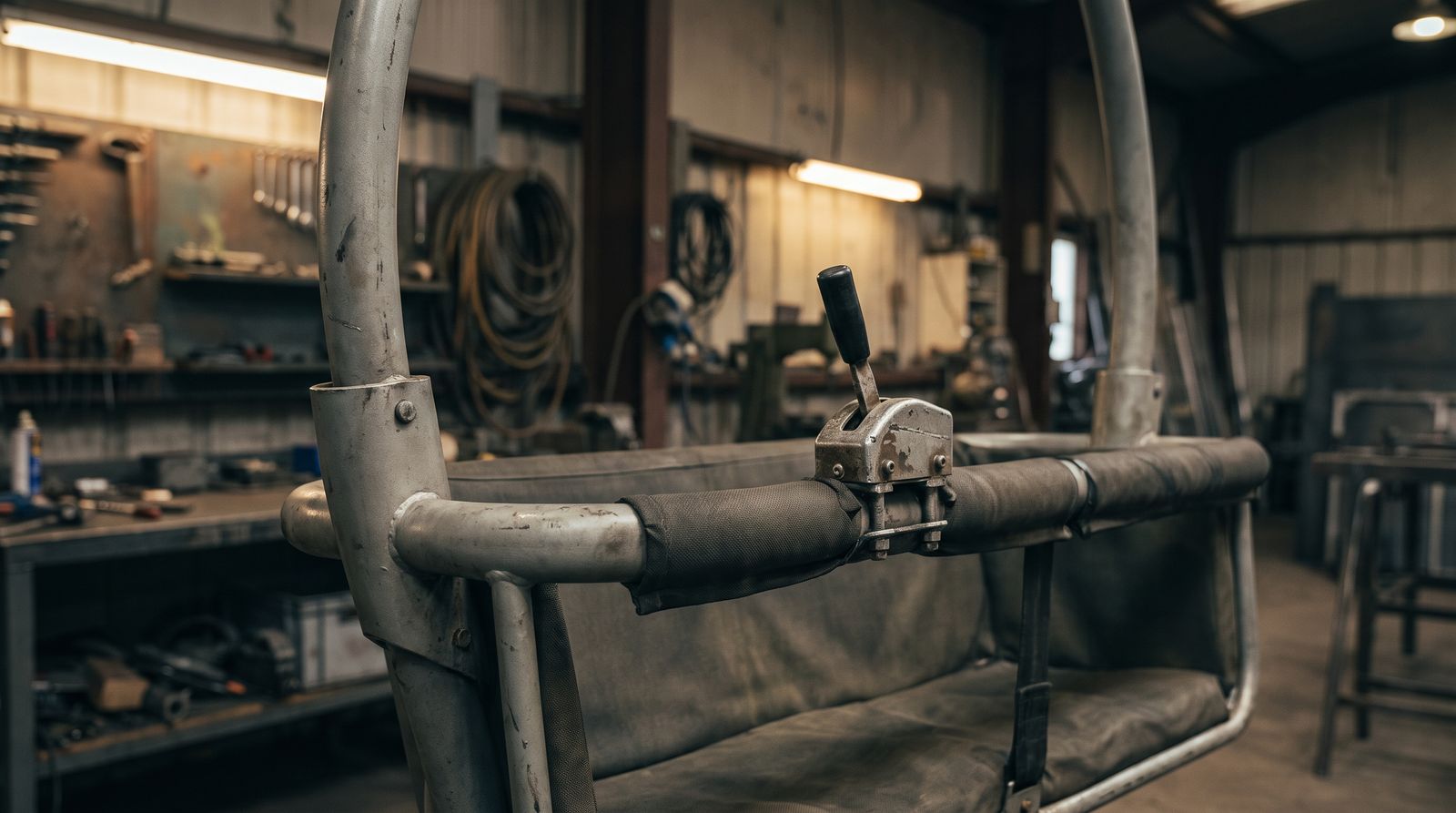 Close-up of a two-seat steel ride gondola with a small hand-operated control lever clamped to the padded lap bar, in a workshop