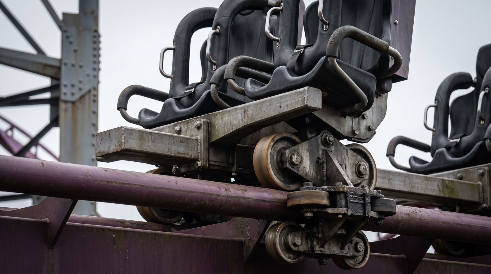 Close-up of a wing coaster seat pair mounted on a steel arm above a wheel carriage gripping a tubular purple rail, with running, guide and upstop wheels visible