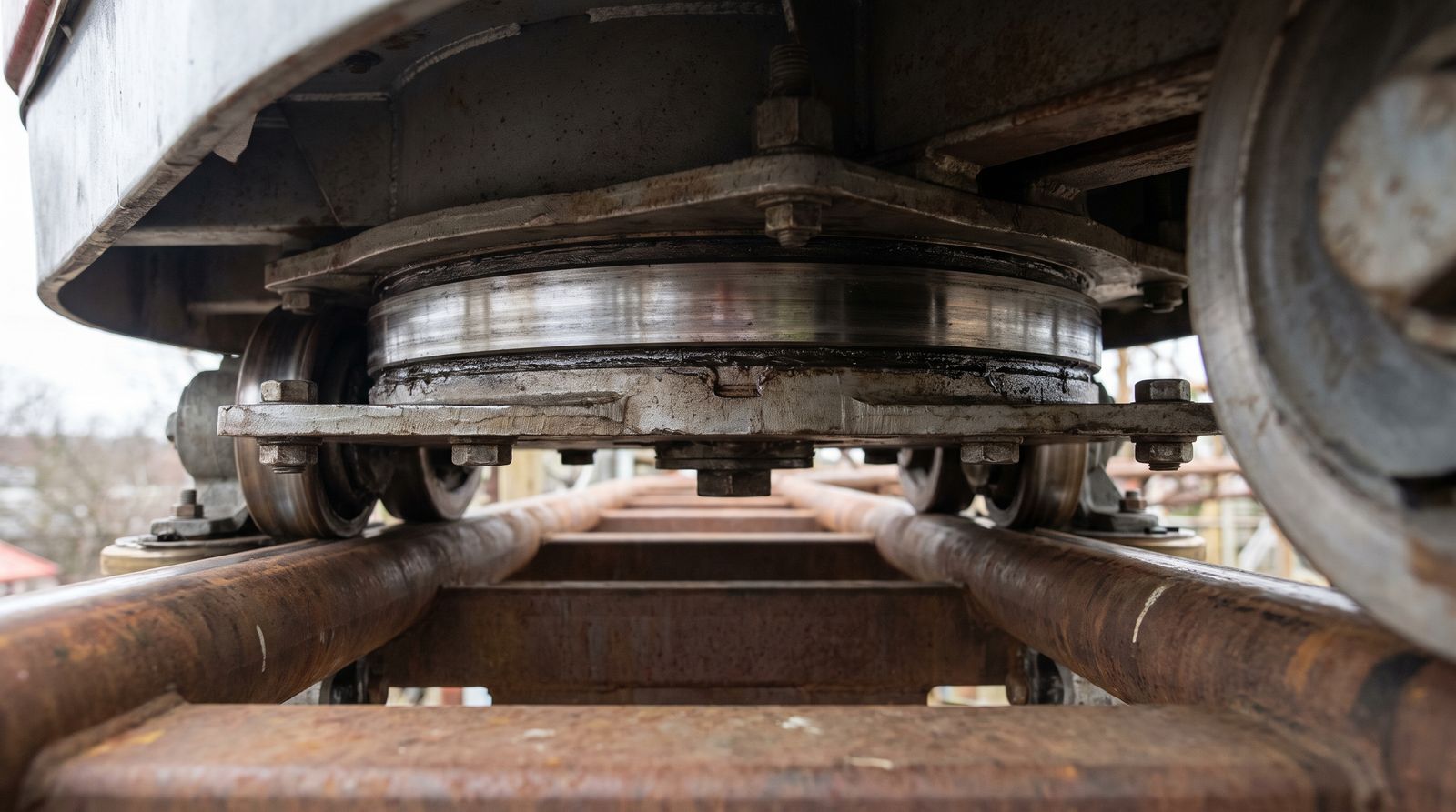Close-up of the circular bearing ring beneath a spinning coaster car, mounted above steel wheels running on a box-spine rail