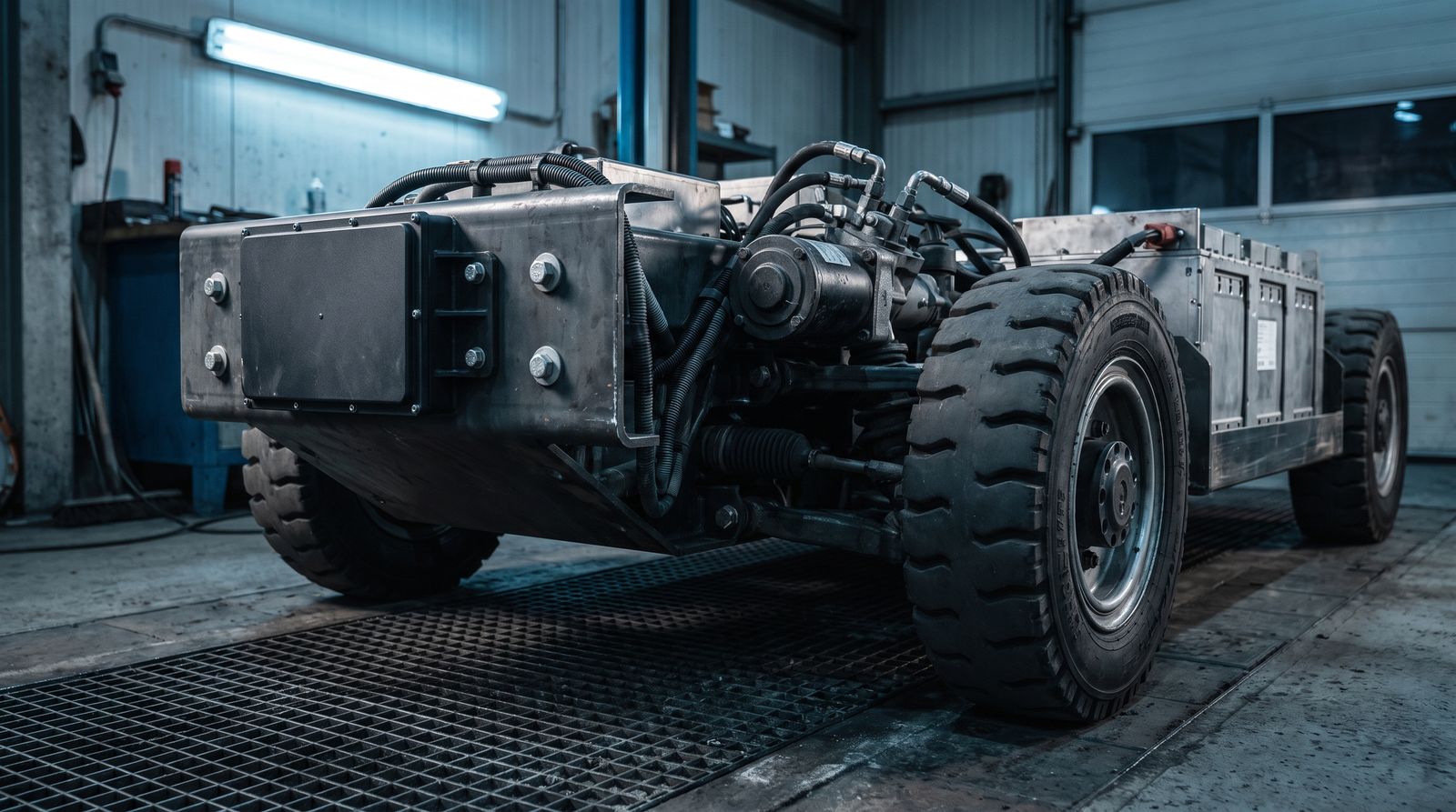 Close-up of a low autonomous ride-vehicle chassis in a workshop, with large black tyres, a drive motor, cable looms, a battery pack and a flat black sensor housing bolted to the front