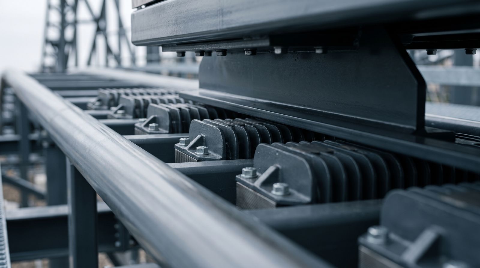Close-up of finned linear motor blocks mounted between two grey steel rails, with a dark steel fin from a train passing over them