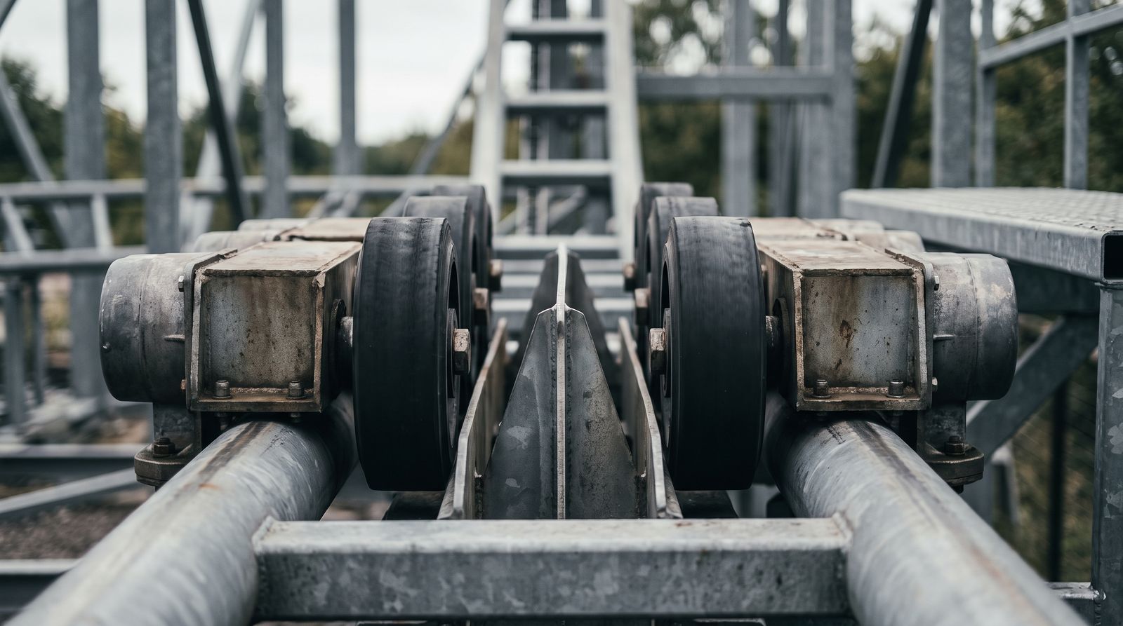 Close-up of two facing rows of black rubber drive tyres on steel housings either side of a central steel fin, above galvanised steel track