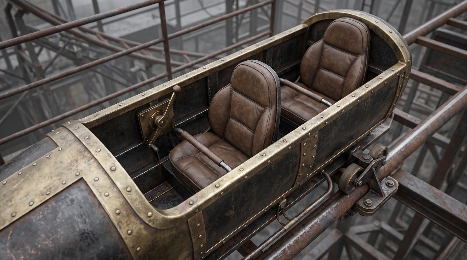 Close-up into the cockpit of an empty two-seat bobsled vehicle with tandem seating, a brass rider-operated speed lever on the side wall, sitting on steel roller coaster rails